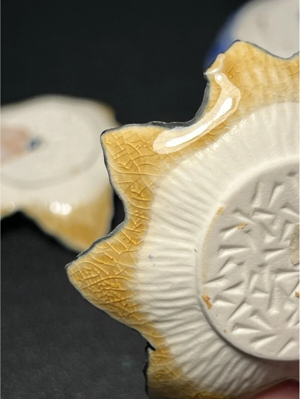 Kotobuki Japan 1970s 12 Crackle Glaze Soy Sauce Dishes Maple Leaf & Lotus, 2.5”